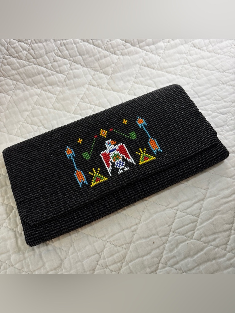 Vintage Native American Thunderbird Southwest Beaded Black Wallet 1950s